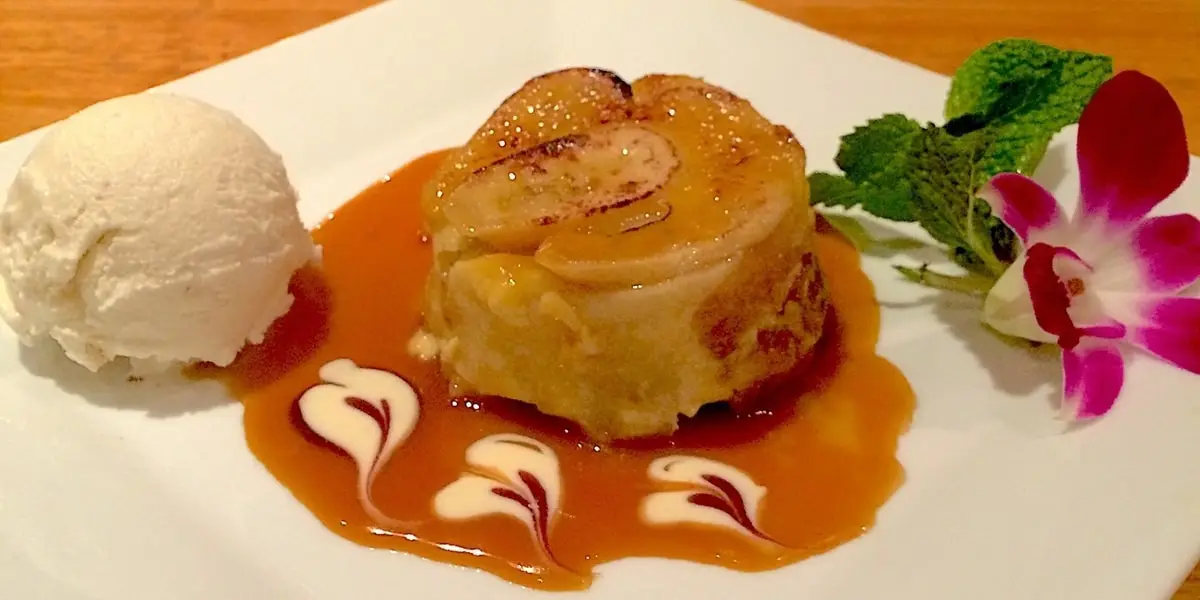 Peach Bread Pudding with Caramel Sauce at Papillon Restaurant