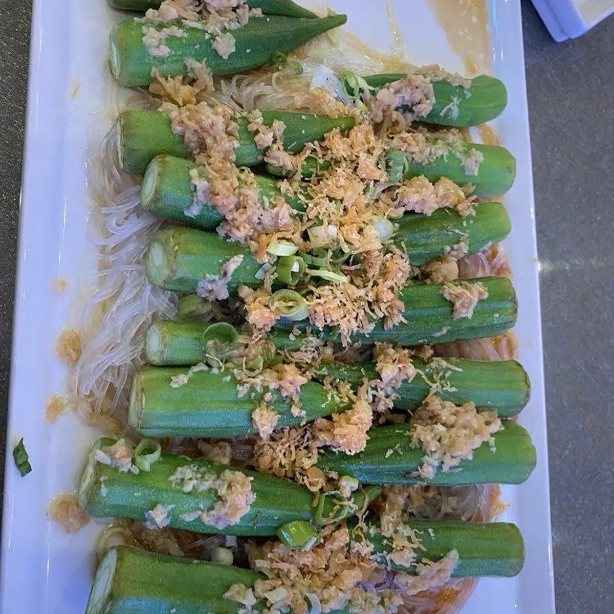 Fresh Steamed Okra & Virginia Ham in Black Bean Sauce / 千歲金絲蒸秋葵 at Pearl Bay