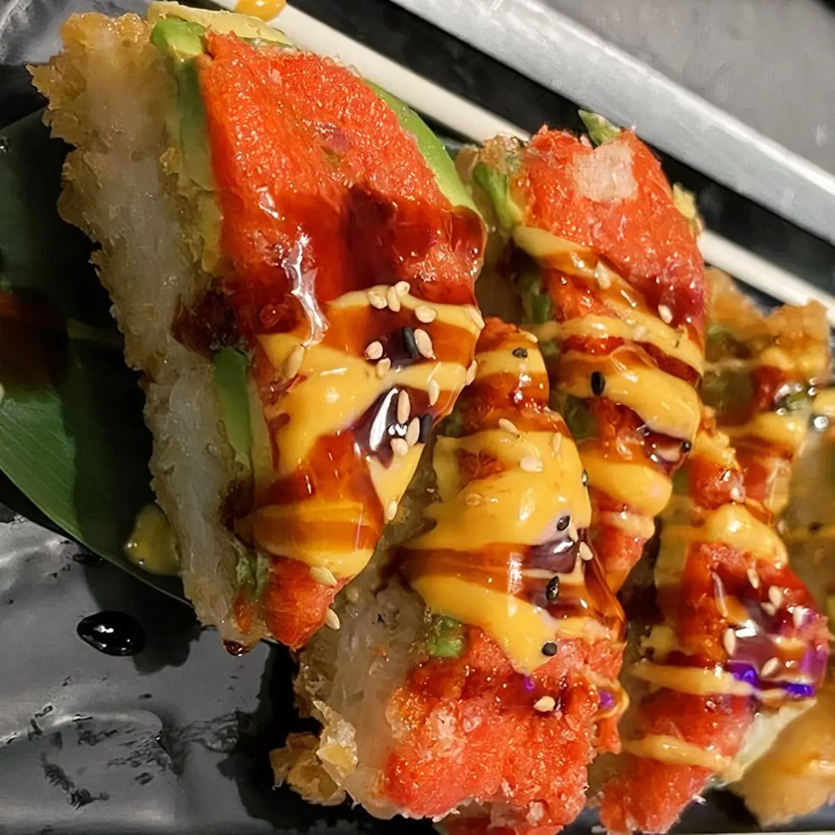 Spicy Salmon Pizza at Toro Sushi Stone Grill & Bar